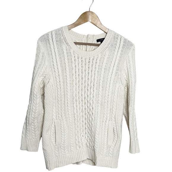 J. Crew Sweaters - J. Crew M Ivory Cable Knit Sweater Crew Cozy Button Neck Pockets Fall Classic
